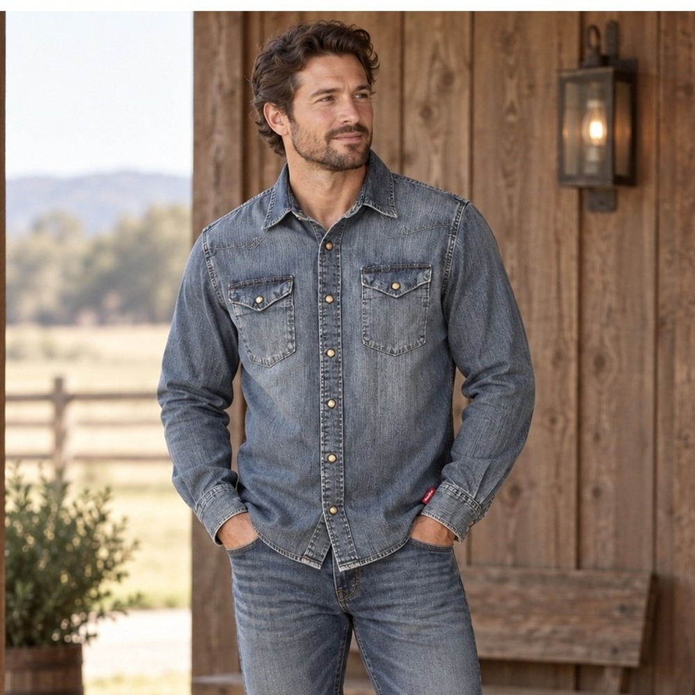 Wrangler Shirt Indigo Blue Denim Long Sleeve Western Stretch Button Down Medium